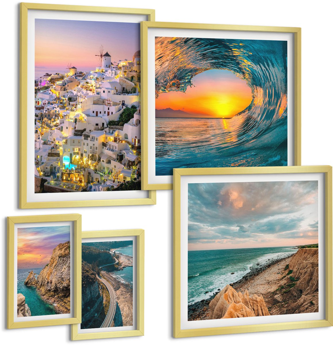Coloray 5-Delige Schilderij Set - Kustlandschappen Met Pittoreske Uitzichten En Stranden - 50 x 50 cm, 20 x 30 cm En 40 x 60 cm - Wanddecoratie - Moderne Interieurdecoratie - Interieur Decoratie