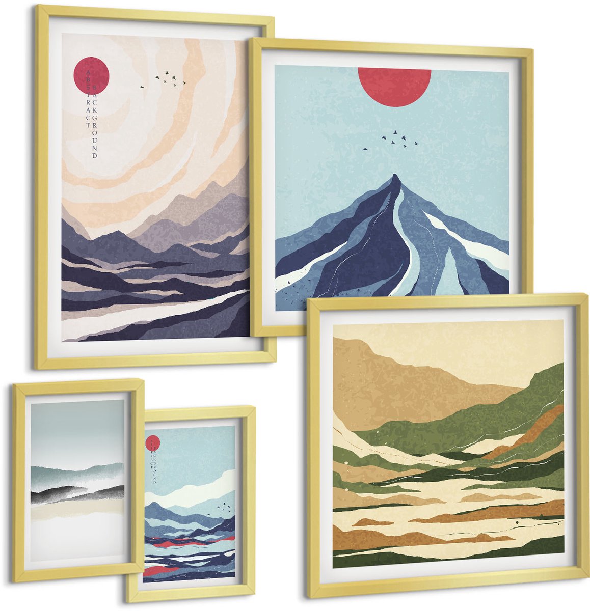 Coloray 5-Delige Schilderij Set - Abstracte Berglandschappen Met Minimalistische Motieven - 50 x 50 cm, 20 x 30 cm En 40 x 60 cm - Wanddecoratie - Moderne Interieurdecoratie - Decoratieve Schilderijen