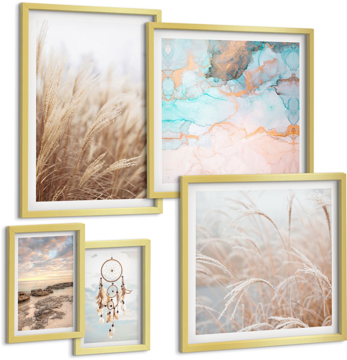 Coloray 5-Delige Schilderij Set - Natuurlijke Landschappen Met Boho-Motieven En Etnische Accenten. - 50 x 50 cm, 20 x 30 cm En 40 x 60 cm - Wanddecoratie - Woonkamer Decoratie - Interieur Decoratie