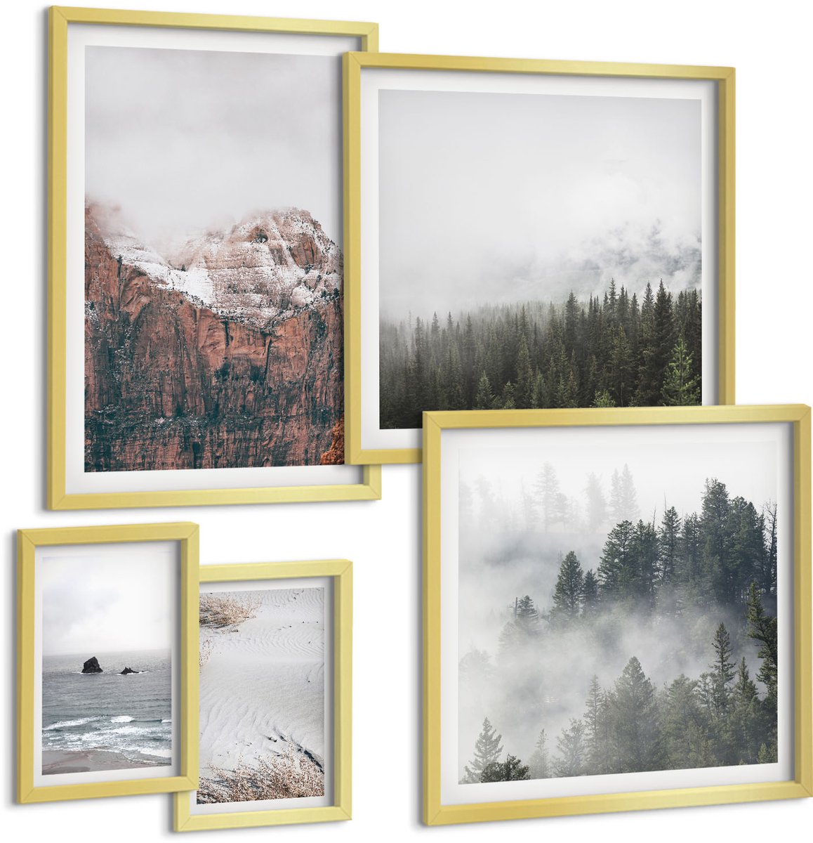 Coloray 5-Delige Schilderij Set - Natuurlijke Landschappen, Bergen, Bossen En Kusten, In De Wolken. - 50 x 50 cm, 20 x 30 cm En 40 x 60 cm - Wanddecoratie - Muurdecoratie - Woonkamer - Woonkamer Decoratie