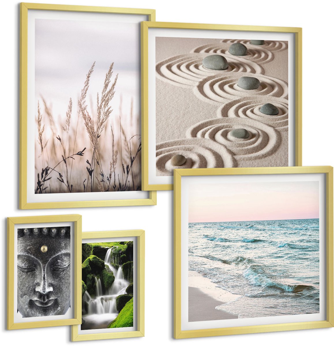 Coloray 5-Delige Schilderij Set - Rustgevende Natuur, Kalmte Van Het Water En Harmonie Van Zen. - 50 x 50 cm, 20 x 30 cm En 40 x 60 cm - Muurdecoratie - Wanddecoratie - Hal