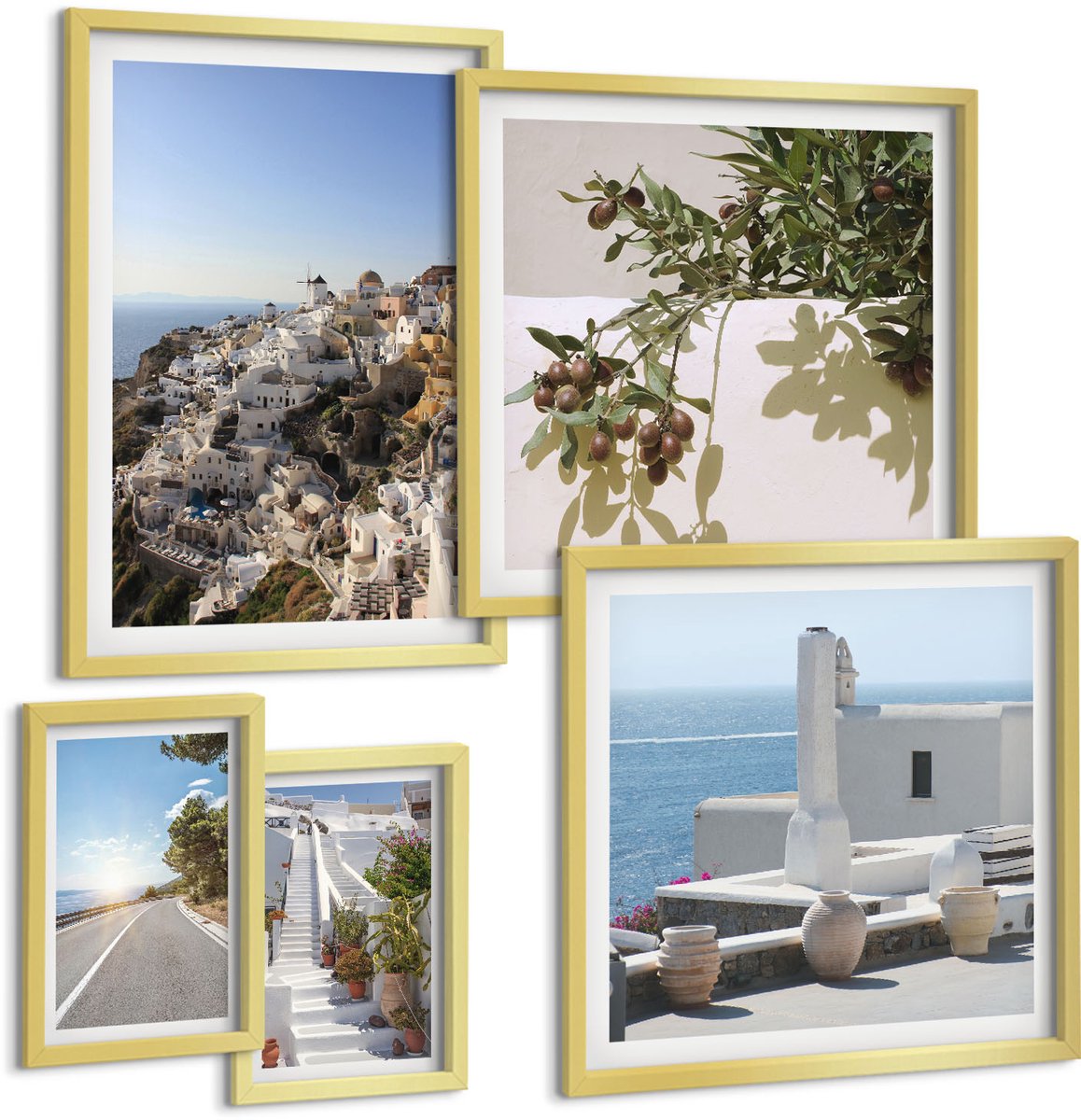 Coloray 5-Delige Schilderij Set - Uitzichten Op Santorini Met Pittoreske Straten En Landschappen - 50 x 50 cm, 20 x 30 cm En 40 x 60 cm - Wanddecoratie - Muurdecoratie - Woonkamer
