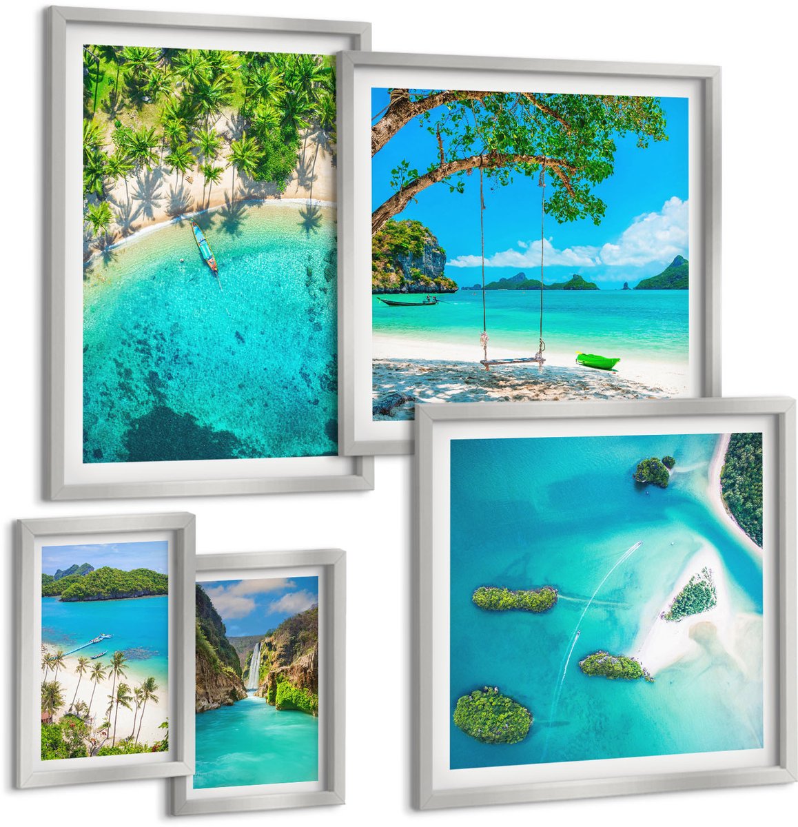Coloray 5-Delige Schilderij Set - Tropische Stranden Met Palmbomen En Kristalhelder Water. - 20 x 30 cm - Stijlvolle Muurdecoratie - Slaapkamer - Wanddecoratie