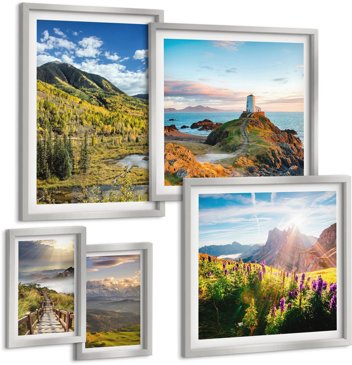 Coloray 5-Delige Schilderij Set - Schilderachtige Berglandschappen Met Een Waterval En Een Pad. - 20 x 30 cm - Wanddecoratie - Woonkamer Decoratie - Decoratieve Schilderijen