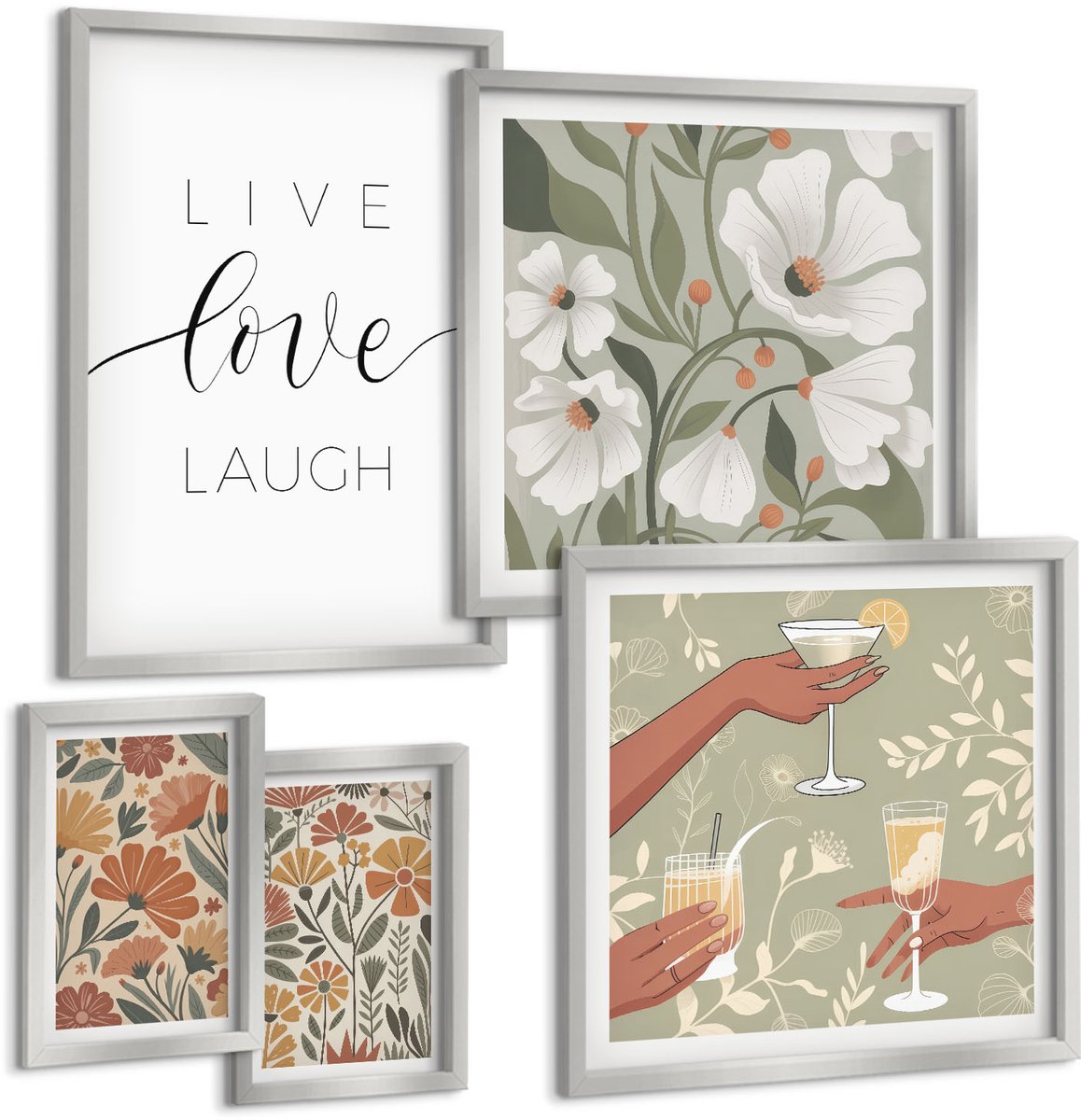 Coloray 5-Delige Schilderij Set - Boho-Plantenpatronen In Warme Tinten Met Natuur. - 20 x 30 cm - Decoratieve Muurdecoratie - Slaapkamer - Stijlvolle Muurdecoratie