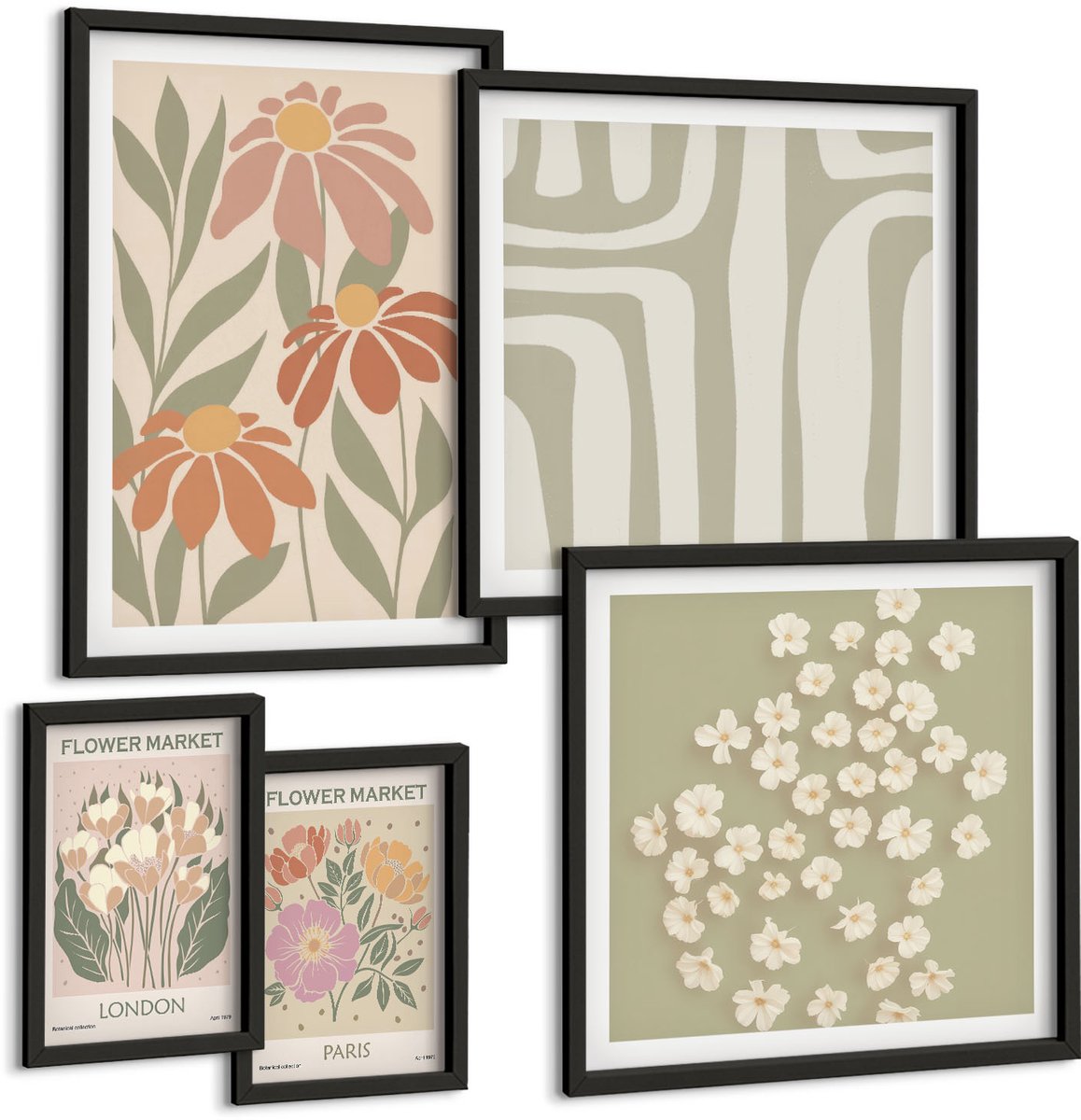 Coloray 5-Delige Schilderij Set - Bloemmotieven Van De Markten Van Londen En Parijs In Boho-Stijl - 50 x 50 cm, 20 x 30 cm En 40 x 60 cm - Schilderijen Set - Wanddecoratie - Woonkamer - Stijlvolle Muurdecoratie Zwarte lijst