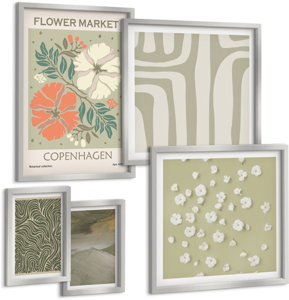 Coloray 5-Delige Schilderij Set - Plantaardige En Geometrische Patronen In Ingetogen Kleuren. - 20 x 30 cm - Moderne Wanddecoratie - Slaapkamer