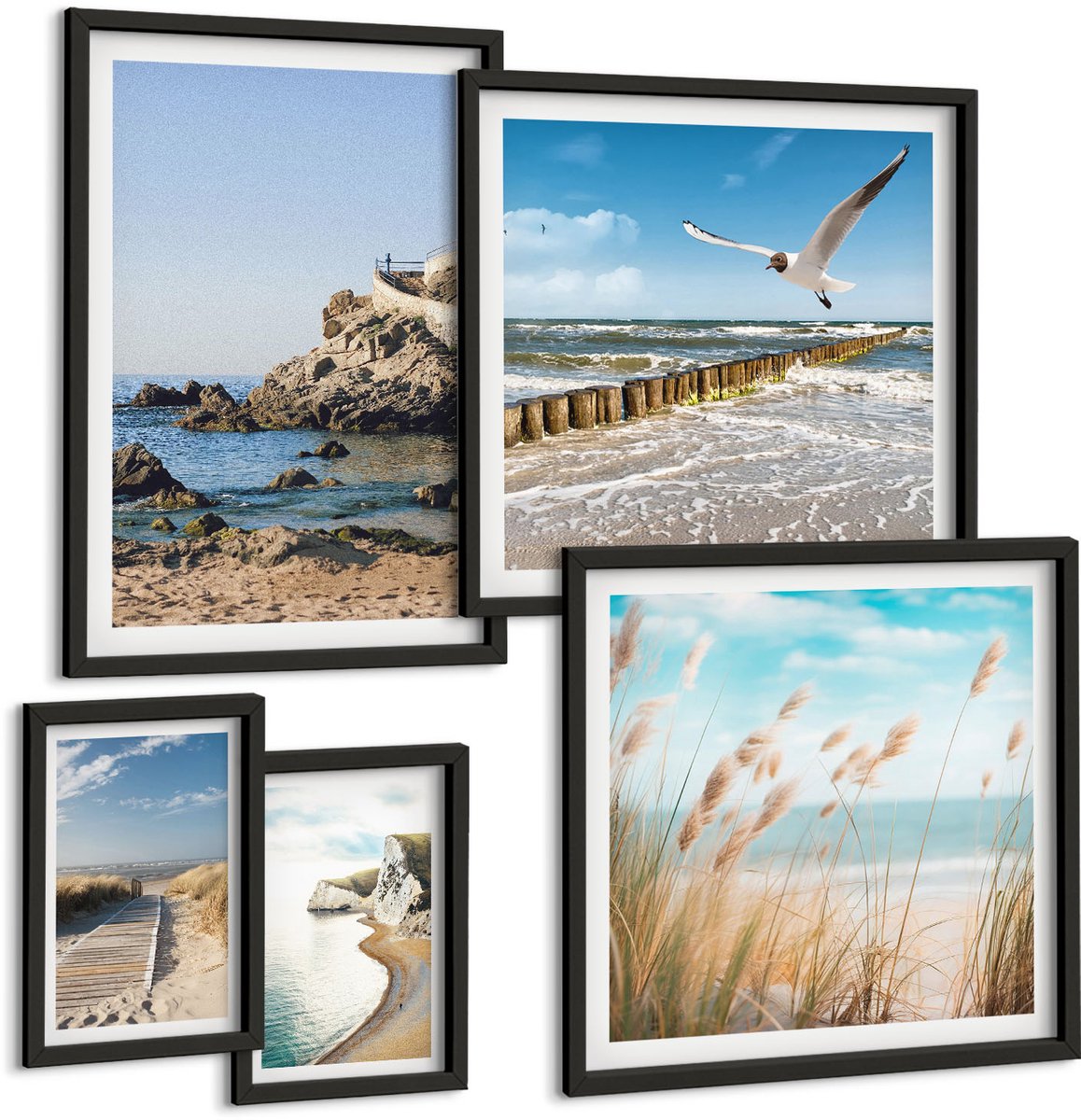 Coloray 5-Delige Schilderij Set - Kustlandschappen Met Stranden En Kalm Water - 50 x 50 cm, 20 x 30 cm En 40 x 60 cm - Moderne Wanddecoratie - Woonkamer