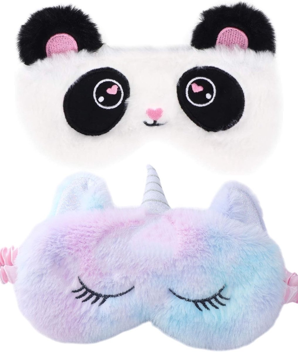 Set van 2 Dieren Slaapmaskers, 3D Zachte Pluche Oogmaskers voor Volwassenen en Kinderen, Schattige Panda en Eenhoorn Design voor Ontspanning en Slaapkwaliteit