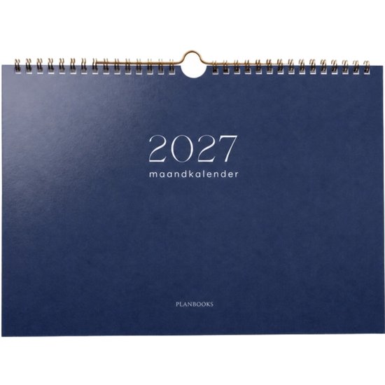 Donkerblauwe maandkalender voor 2027 met gouden spiraalbinding en de tekst 'PLANBOOKS'.