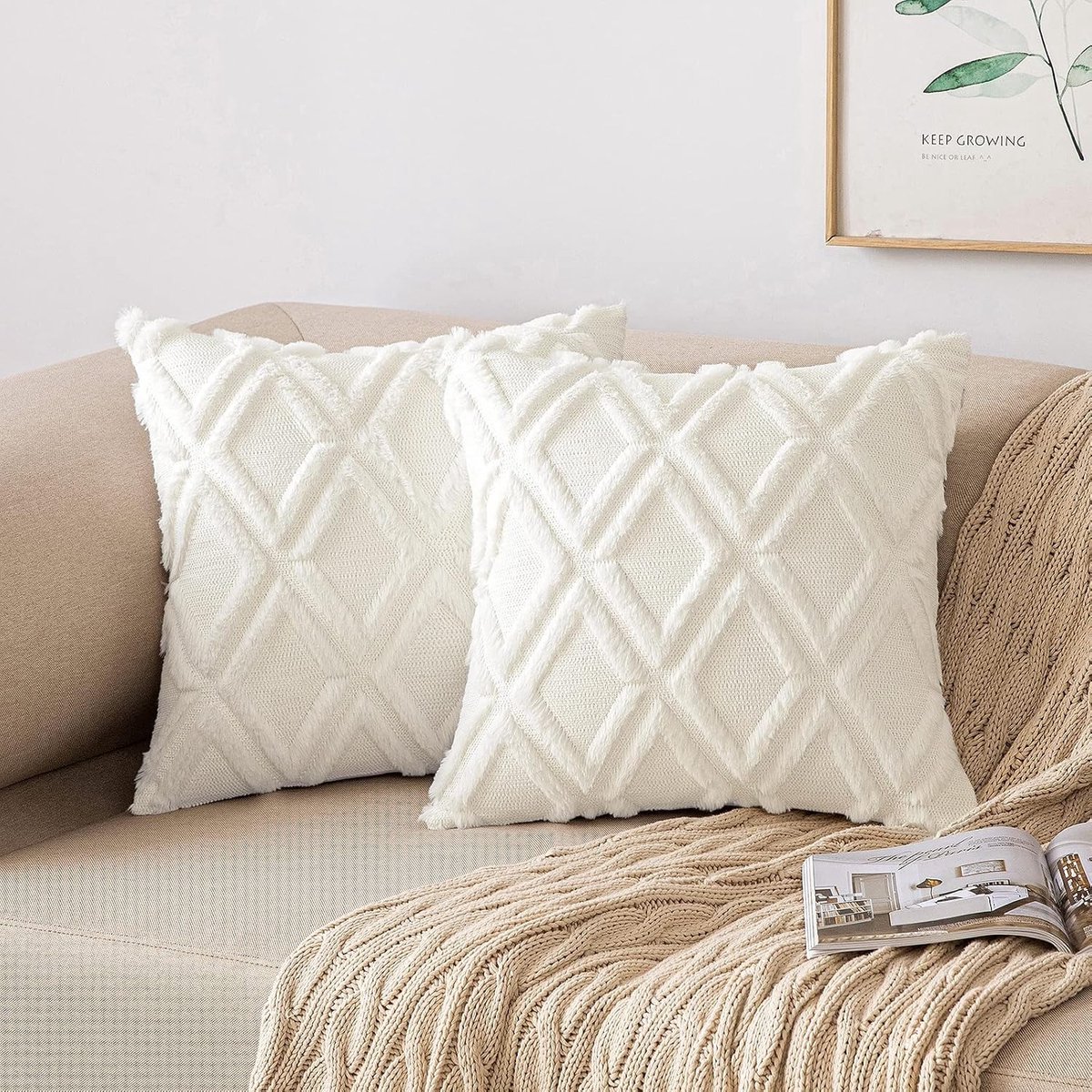 Set van 2 Boho Kussenhoezen van Wolvelvet voor Sofa en Slaapkamer - Decoratieve Kussens 40 x 40 cm Melkwit