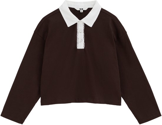 Bruine polo met witte kraag en knoopsluiting met kanten rand, plat gelegd.
