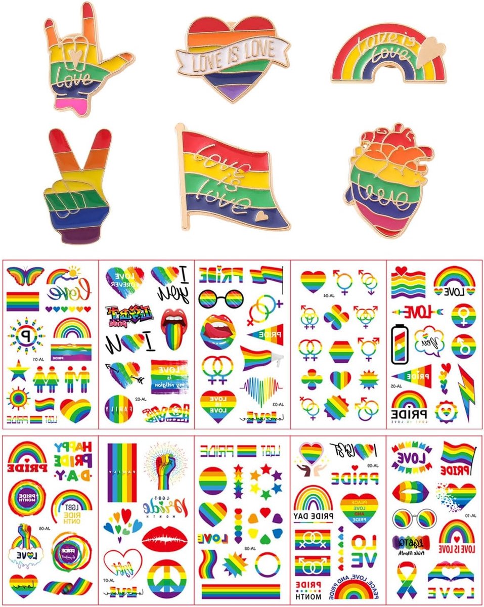 6 stuks regenboog-reversspelden, wordt geleverd met 10 tattoo-stickers, regenboog-reversspelden, voor truien, sjaals, jurken, kostuums, tassen