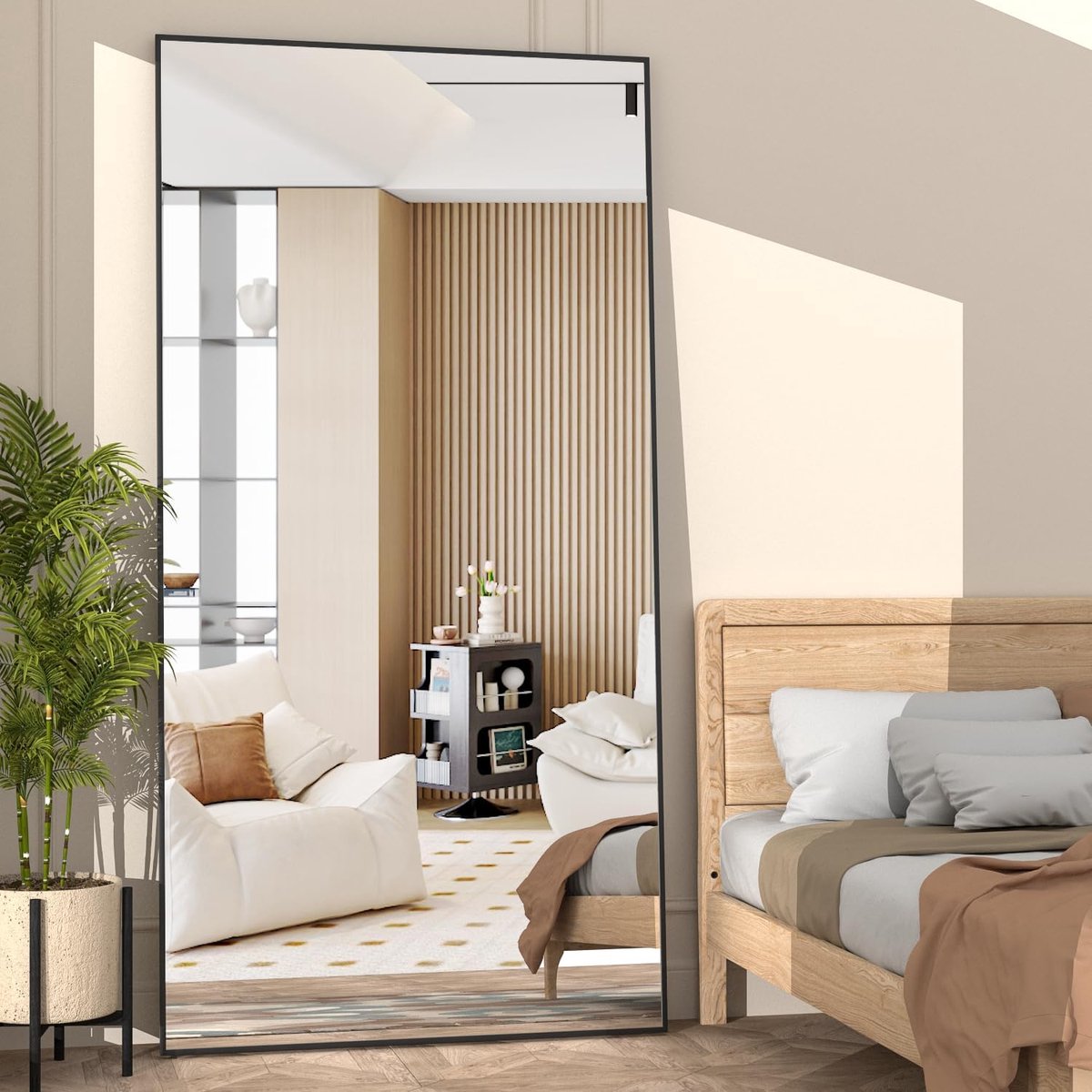 180x80cm Zwarte Vloer Spiegel met Staander Grote Spiegel Full Body Rechthoekige Spiegels voor Slaapkamer Aluminiumlegering Frame Staand Hangend of Leunend