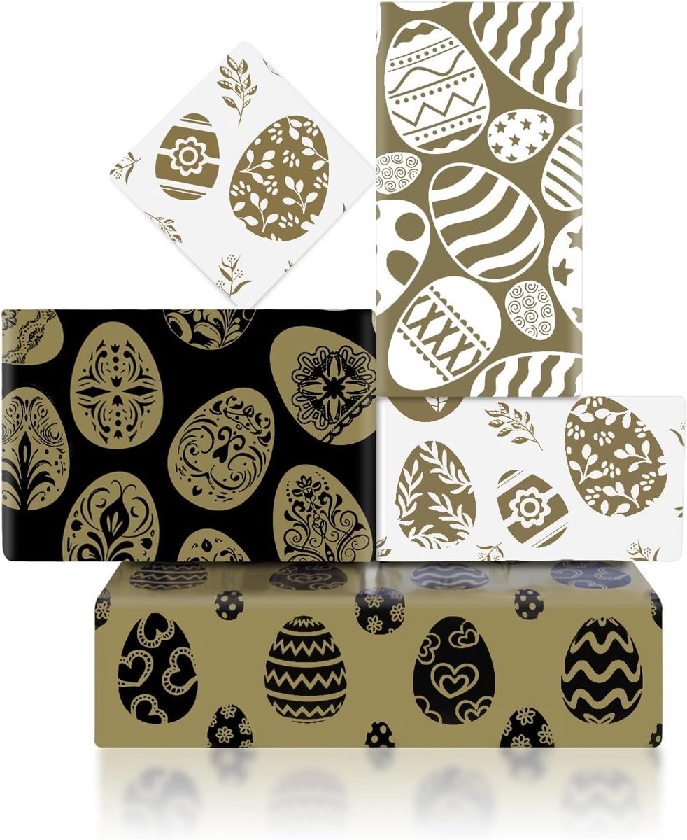 Cadeaupapier, eierpatroon inpakpapier zwart goud wit gevouwen vellen geschenkpapier voor lente kinderen verjaardag paasfeest viering geschenkverpakking, 50,8 x 71 cm