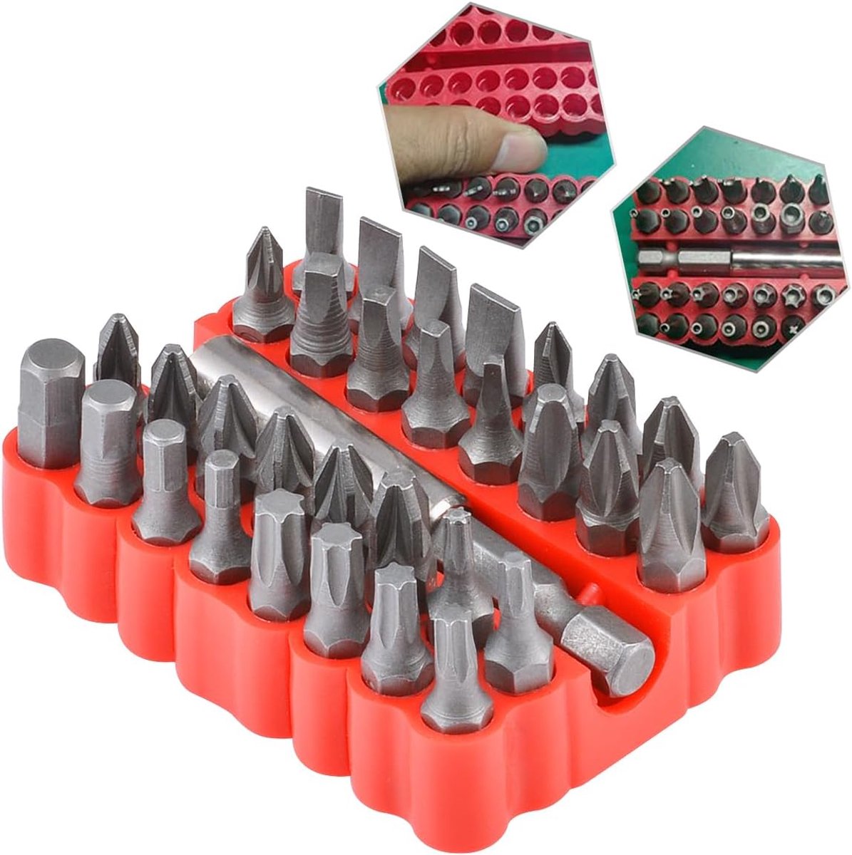 33-delige schroevendraaierbitset, manipulatiebestendige zeskant-veiligheidsschroevendraaierbits, met magnetische verlengbithouder, 1/4 inch metrische schroevendraaierset