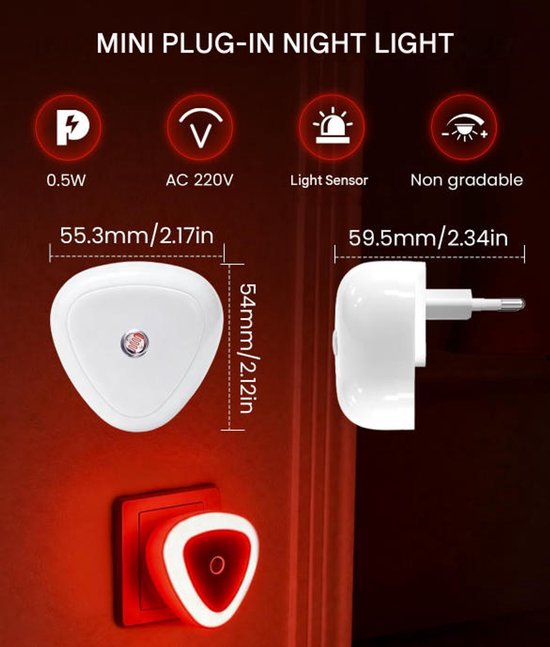 Led Nachtlampje Stopcontact - Nachtlampje met dag/nacht sensor - Boor Baby Kinderen en Volwassenen - Rood - 2 Stuks van PZCC — afbeelding 5