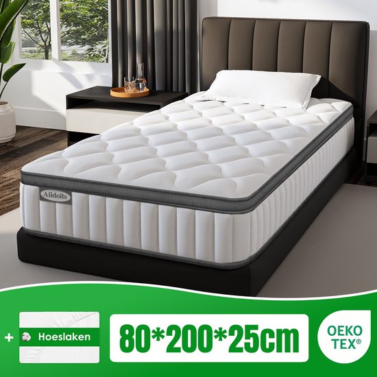 Aiidoits Matras 80x200 cm - Pocketvering Matras 25cm Dik - 7 zones - OEKO-TEX Gecertificeerd - Anti-Allergische - Orthopedisch Eenpersoonsmatrassen - H3/H4 Medium Hard - 10 Lagen Hoogwaardige Materialen - Voor Kinderen en Volwassenen
