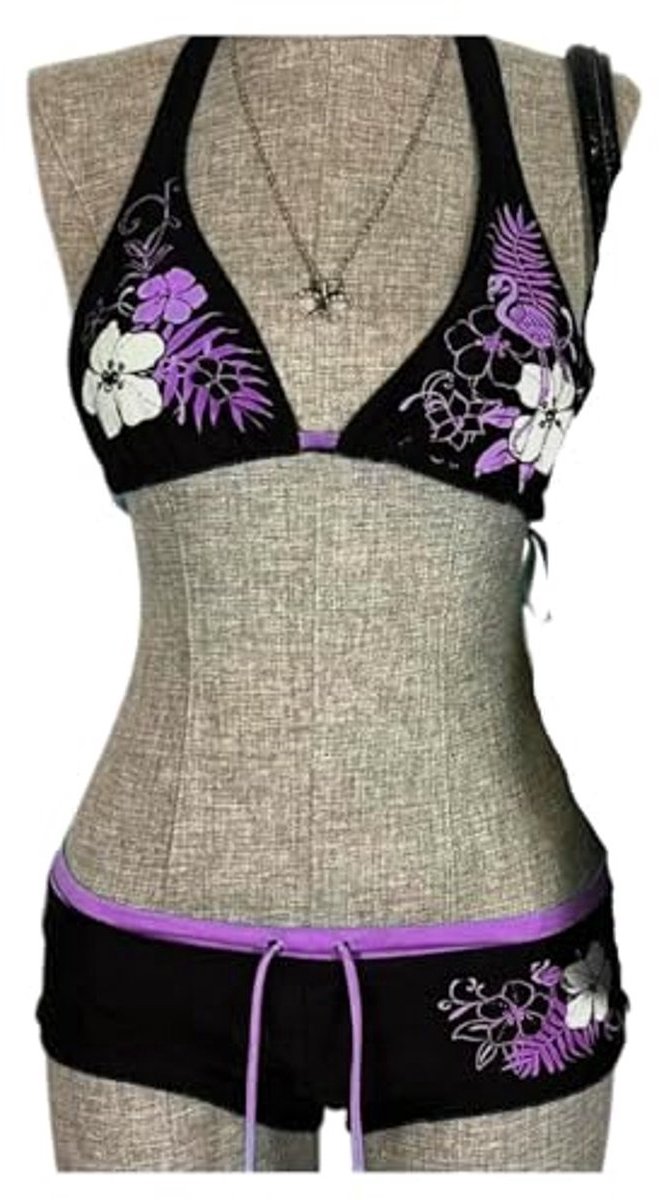 Casalora® Women's bikini sets Women Y2k Vintage Floral Halter Set Lace Up Triangle Swimsuit With Shorts Beach Bathing Suit-black Blue-L