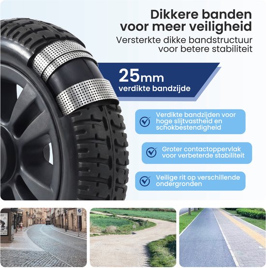 Detail van de dikke band van de blauwe scootmobiel met versterkte zijden. Drie afbeeldingen van verschillende ondergronden.