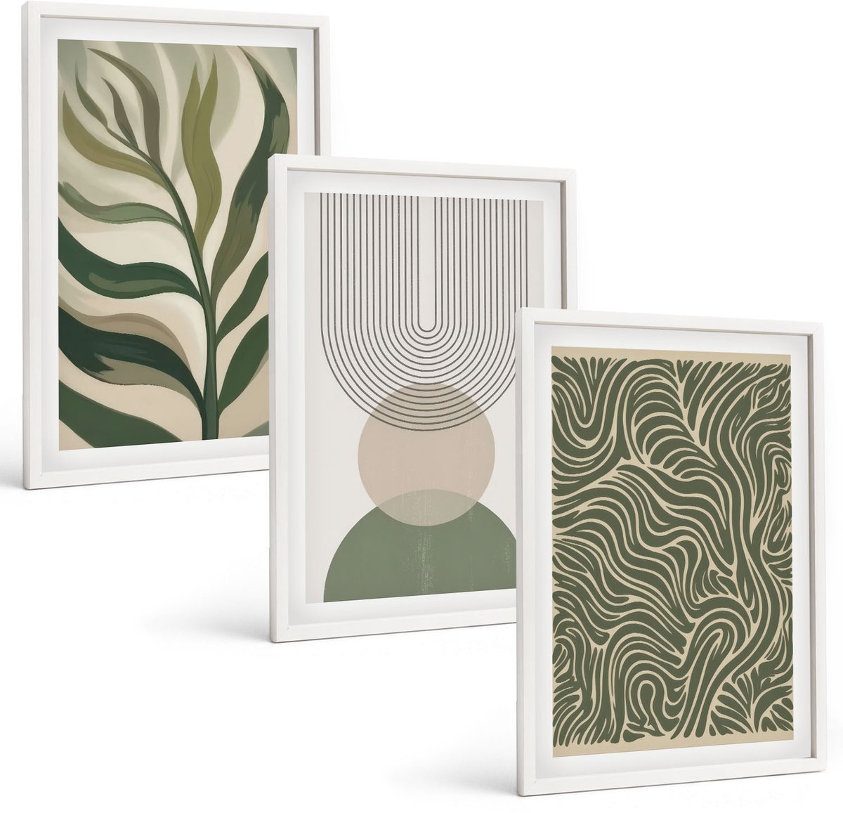 Coloray 3-Delige Schilderij Set - Abstracte Bladeren En Geometrische Vormen - 40 x 60 - Wanddecoratie - Moderne Interieurdecoratie - Decoratieve Schilderijen