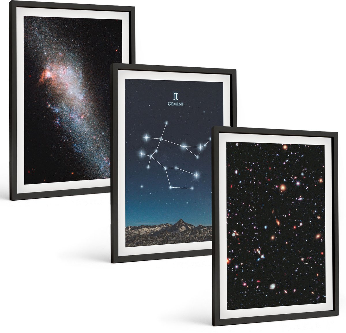 Coloray 3-Delige Schilderij Set - Sterrenbeeld Tweelingen (Gemini) Melkwegstelsel Ruimte Sterren - 40 x 60 cm - Schilderijen Set - Wanddecoratie - Woonkamer - Decoratieve Schilderijen