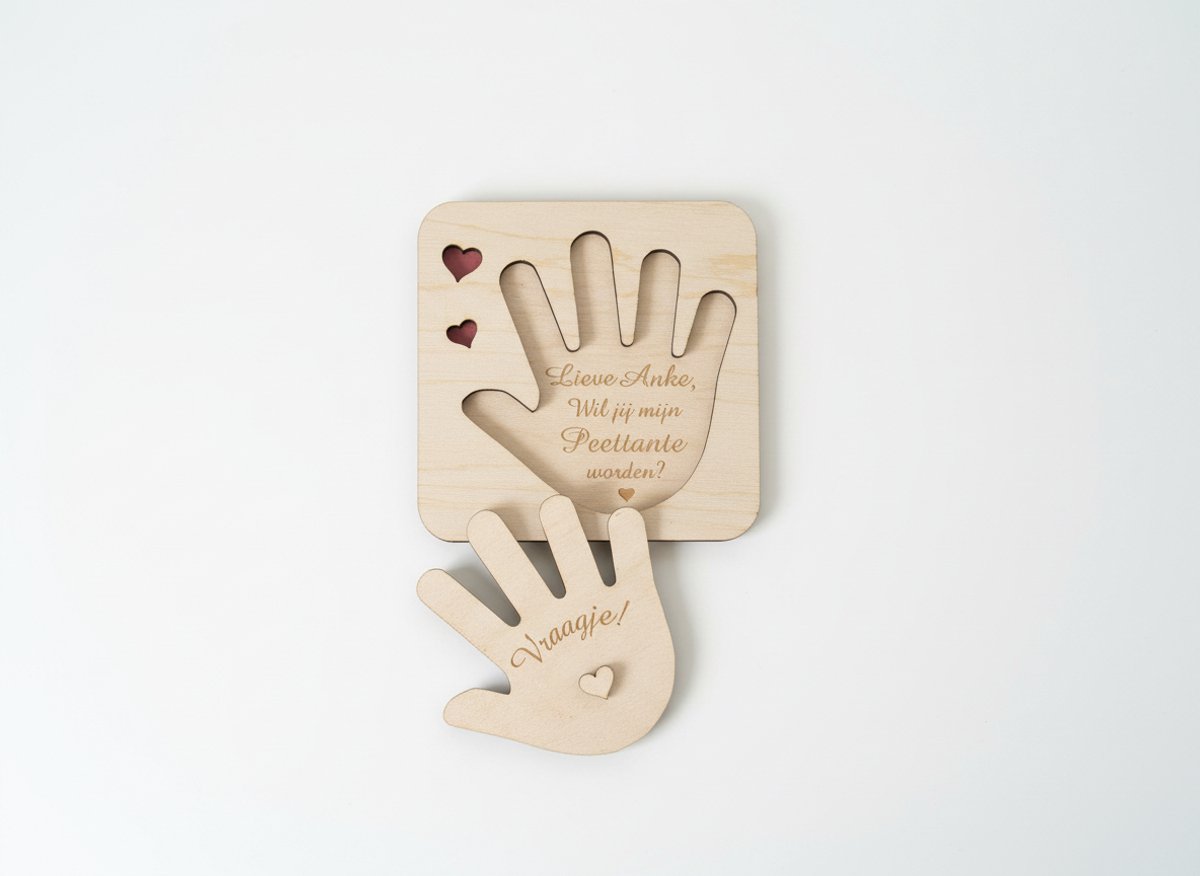 Hip met Pit Creaties - Puzzel Handje Peter Vragen 13x13cm Hout Gepersonaliseerd - Wil je mijn Peter worden - Naam via Mail - Peetoom