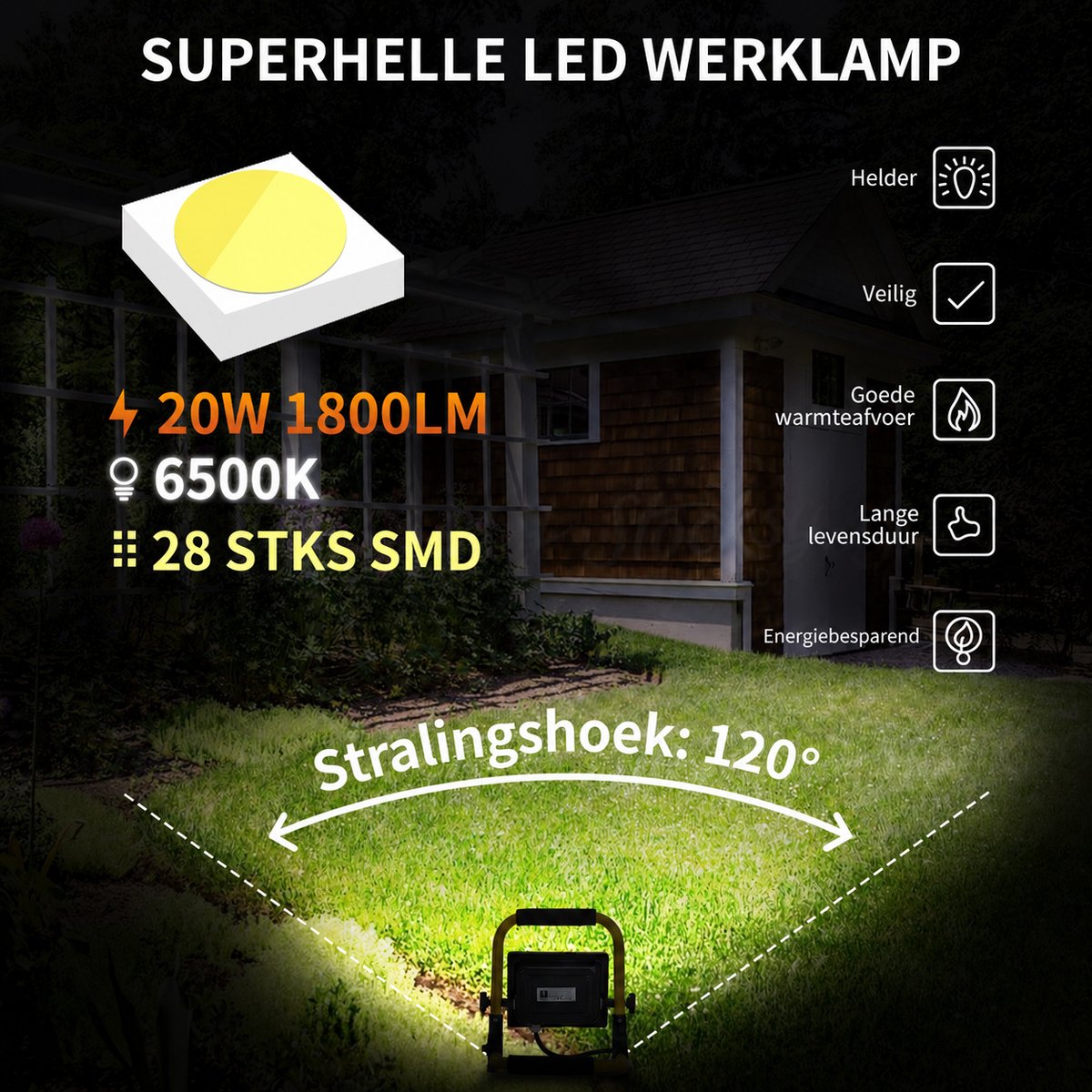 13VRQ - LED Werklamp - Bouwlamp - 20W - 1800lm - IP44 - 6500K Daglicht wit - incl. 1.8m Aansluitstekker van Aigostar — cadeau in Tuin & Klussen - foto 7