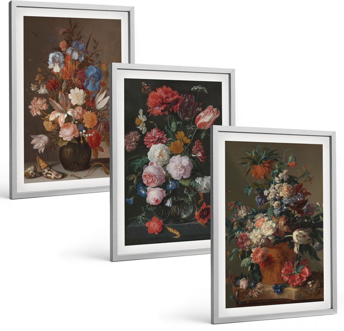 Coloray 3-Delige Schilderij Set - Bloemen In Vazen: Diverse Vintage Plantencomposities - 40 x 60 cm - Moderne Wanddecoratie - Slaapkamer - Muurdecoratie