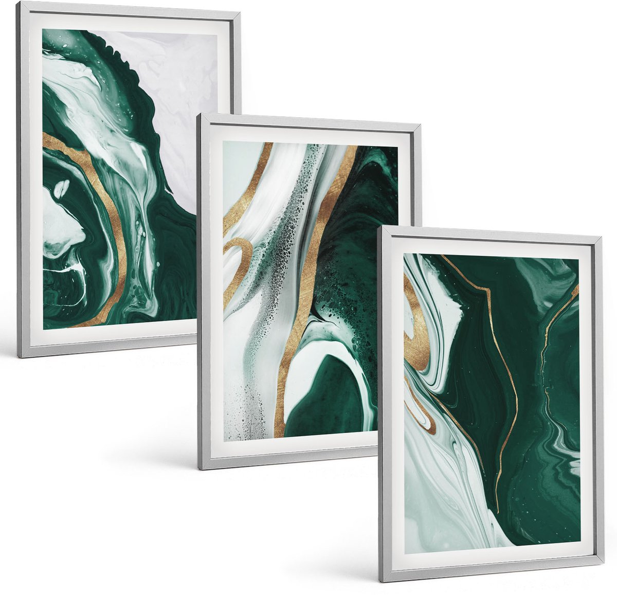 Coloray 3-Delige Schilderij Set - Abstracte Verfpatronen In Groen En Wit - 40 x 60 cm - Moderne Wanddecoratie - Woonkamer - Muurdecoratie