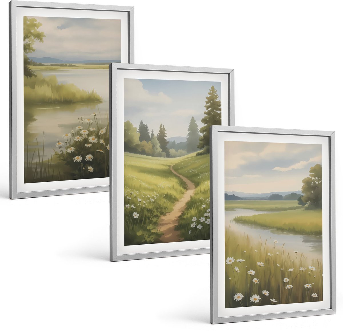 Coloray 3-Delige Schilderij Set - Lentelandschap Met Een Rivier, Pad En Bloemenweide - 40 x 60 cm - Decoratieve Muurdecoratie - Slaapkamer - Woonkamer Decoratie