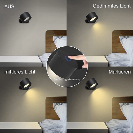 LED-wandlamp voor binnen met batterij, 1 stuk, touchbediening, 3 helderheidsniveaus, 360° draaibaar, geschikt voor woonkamer, slaapkamer, trap, gang, draadloze wandlamp, wit van Merkloos — afbeelding 2