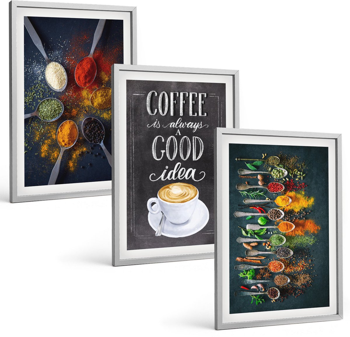 Coloray 3-Delige Schilderij Set - Specerijen Koffie Met Kopje Kruiden Keukenpatronen - 40 x 60 cm - Moderne Wanddecoratie - Woonkamer - Interieur Decoratie