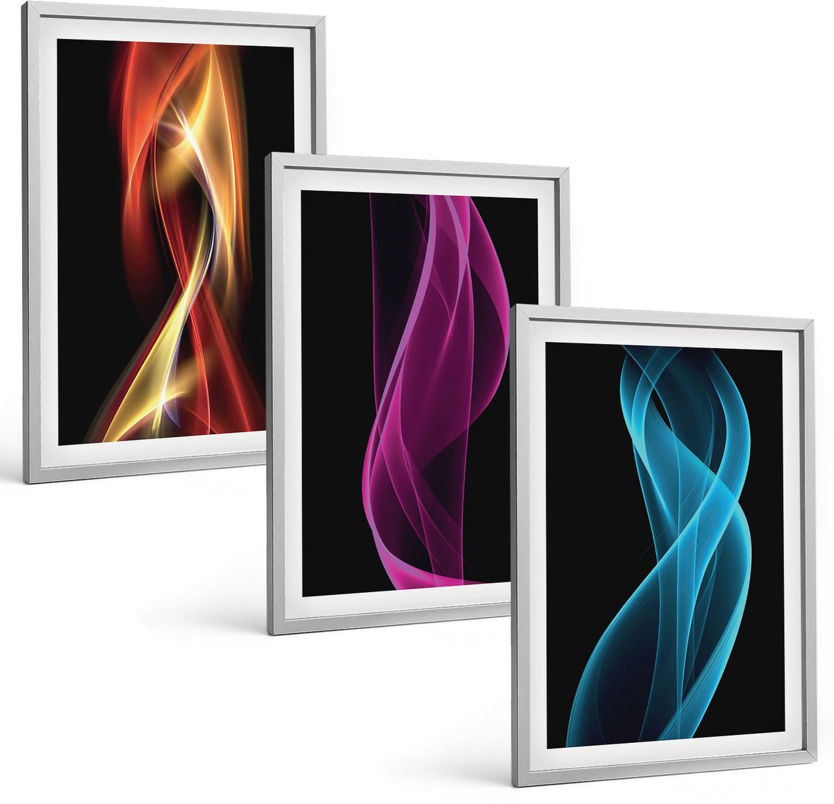 Coloray 3-Delige Schilderij Set - Golven Van Kleurrijke Neonlijnen Op Een Donkere Achtergrond - 40 x 60 cm - Muurdecoratie - Wanddecoratie - Slaapkamer