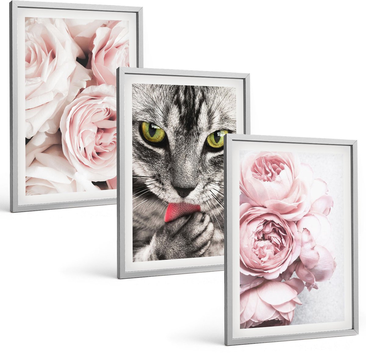 Coloray 3-Delige Schilderij Set - Kat Tussen Roze Rozen En Pioenrozen - 40 x 60 cm - Muurdecoratie - Schilderijen Set - Woonkamer - Moderne Wanddecoratie