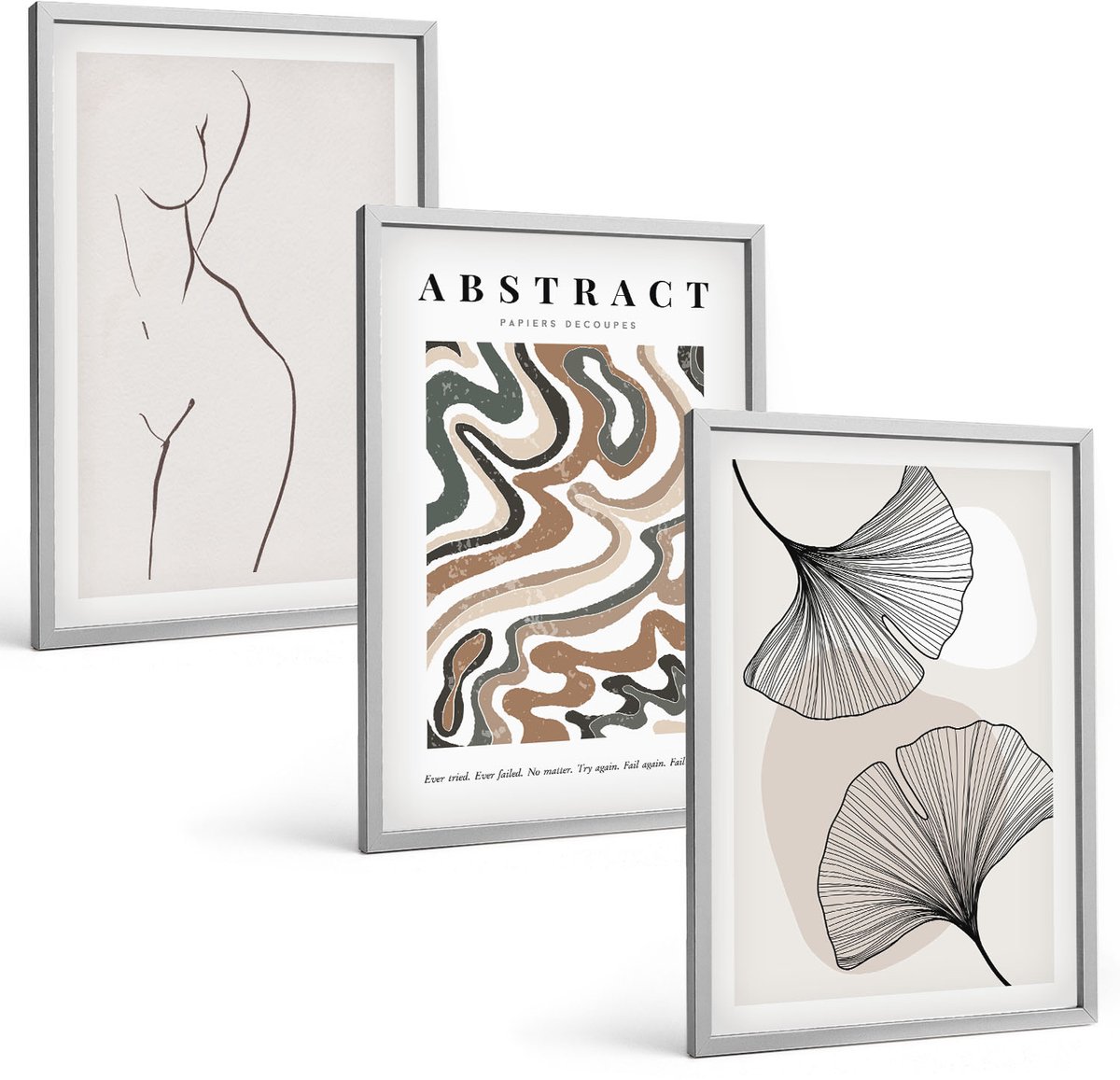Coloray 3-Delige Schilderij Set - Abstracte Poster Met Vrouwelijke Vormen En Bladeren In Boho-Stijl. - 40 x 60 cm - Stijlvolle Muurdecoratie - Kantoor - Woonkamer Decoratie