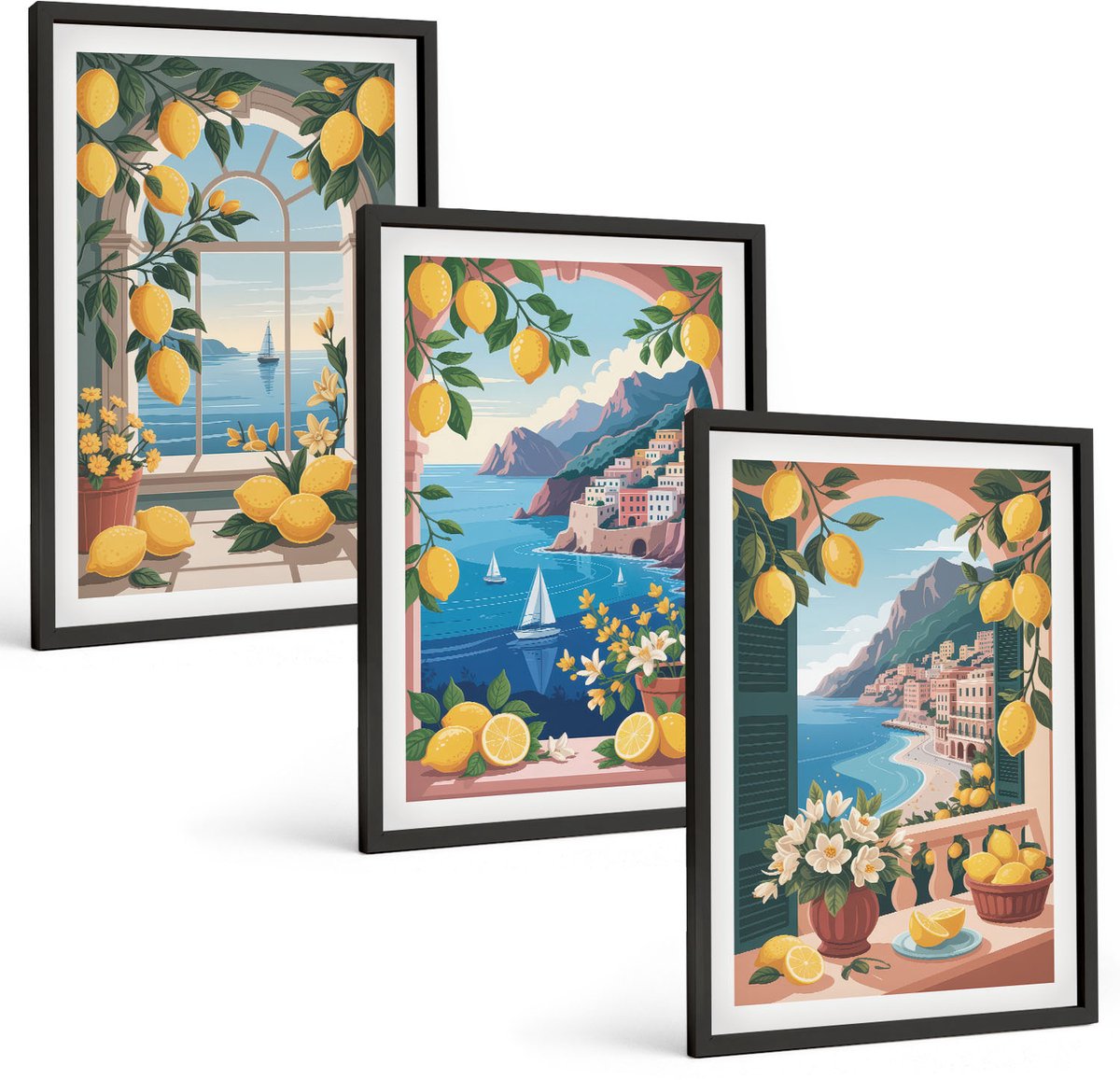 Coloray 3-Delige Schilderij Set - Zeezichtraam Met Italiaanse Citroenen - 40 x 60 cm - Wanddecoratie - Moderne Interieurdecoratie - Muurdecoratie
