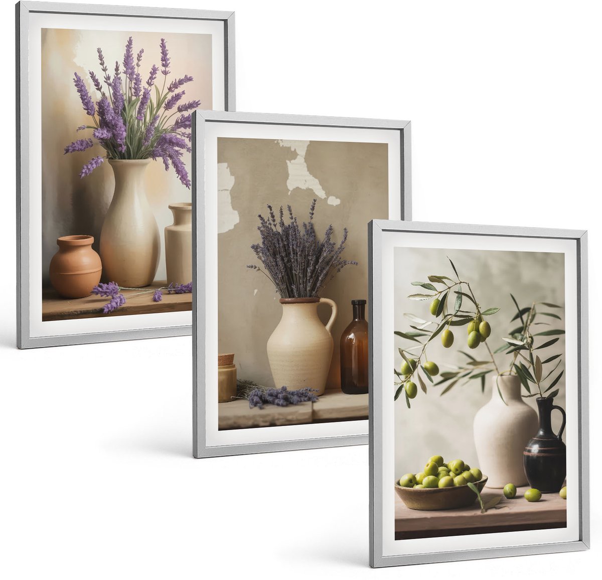 Coloray 3-Delige Schilderij Set - Bloemen In Vazen, Olijven En Natuurlijke Decoraties. - 40 x 60 cm - Stijlvolle Muurdecoratie - Slaapkamer - Woonkamer Decoratie