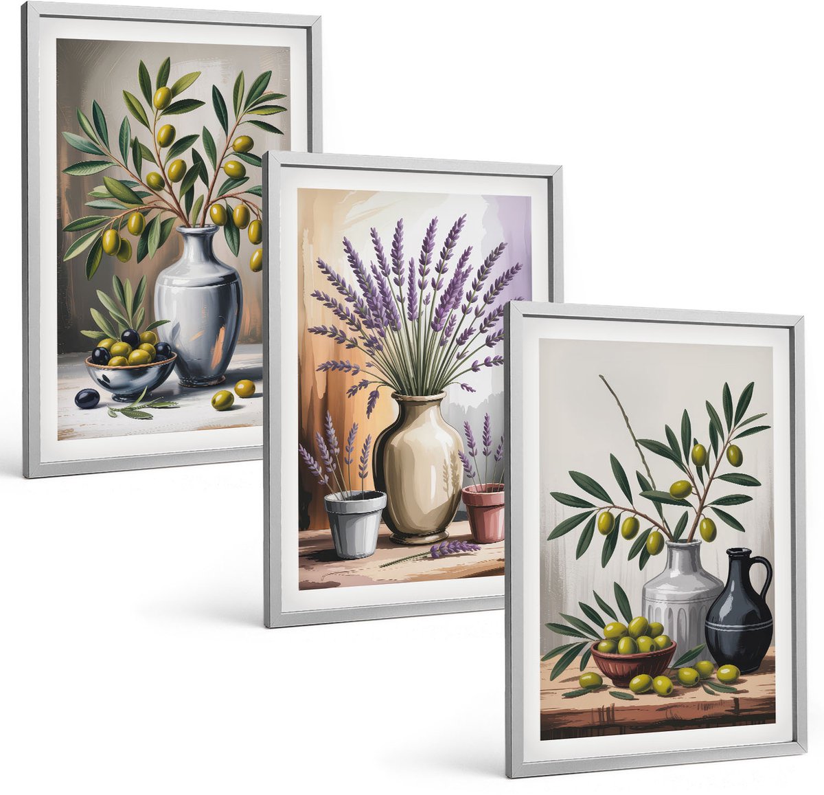 Coloray 3-Delige Schilderij Set - Bloemen En Olijven In Vazen ​​Op Een Lichte Achtergrond - 40 x 60 cm - Decoratieve Schilderijen - Woonkamer - Interieur - Stijlvolle Muurdecoratie