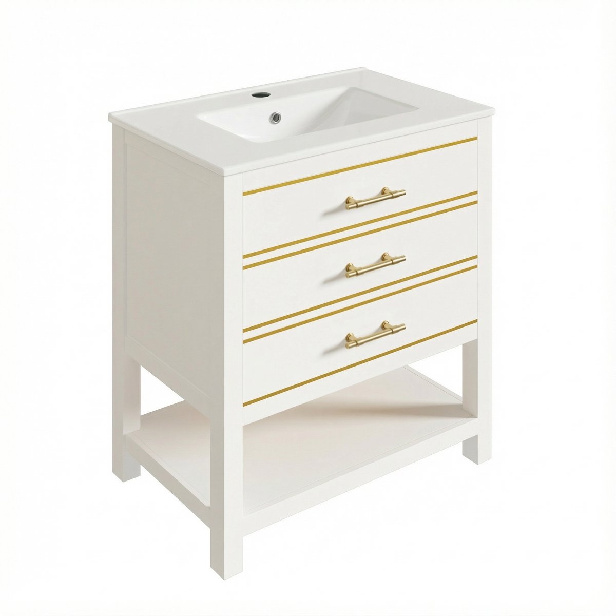 Vrijstaand Wastafelmeubel Wit - Badkamermeubel Met Keramische Wastafel - Met 2 Lades - Open Vak - 76x46,5x86 cm - Opbergen - Badkamer Wit Goud
