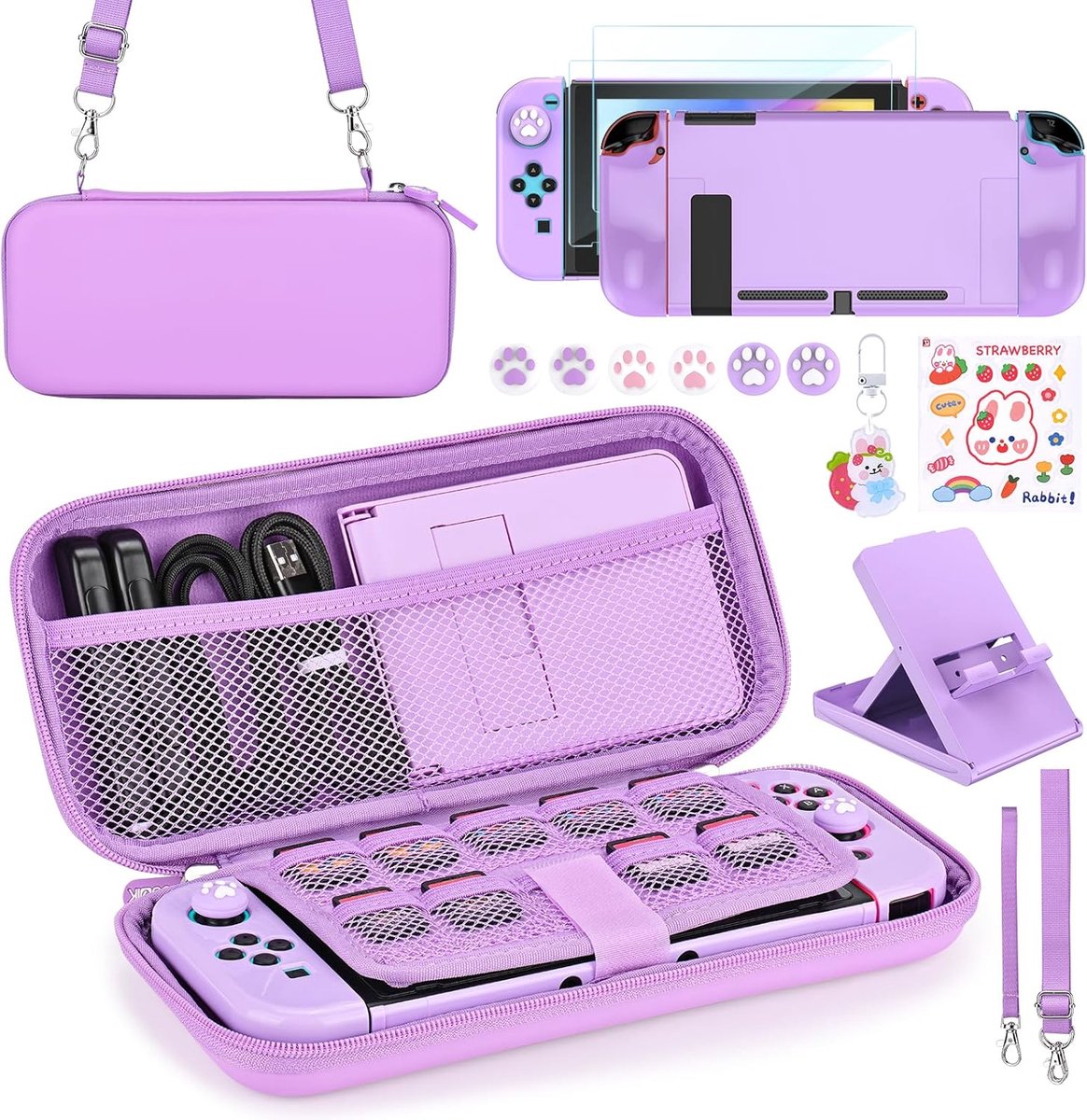 Schakelaar Accessoires Bundel, 15 in 1 Schakelaar Accessoires Kit voor Meisjes Inclusief Schakelaar Draagtas met 9 Game Kaartsleuven, Verstelbare Stand, Beschermhoes voor Schakelconsole & J-Con(Paars)