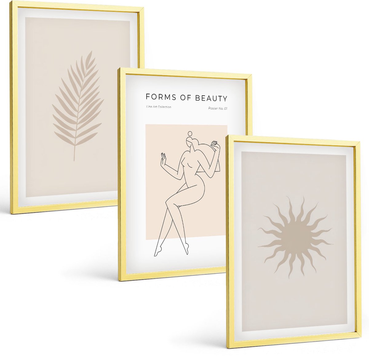 Coloray 3-Delige Schilderij Set - Een Verzameling Minimalistische Vormen En Natuurlijke Figuren - 40 x 40 cm En 40 x 60 cm - Wanddecoratie - Muurdecoratie - Woonkamer - Woonkamer Decoratie