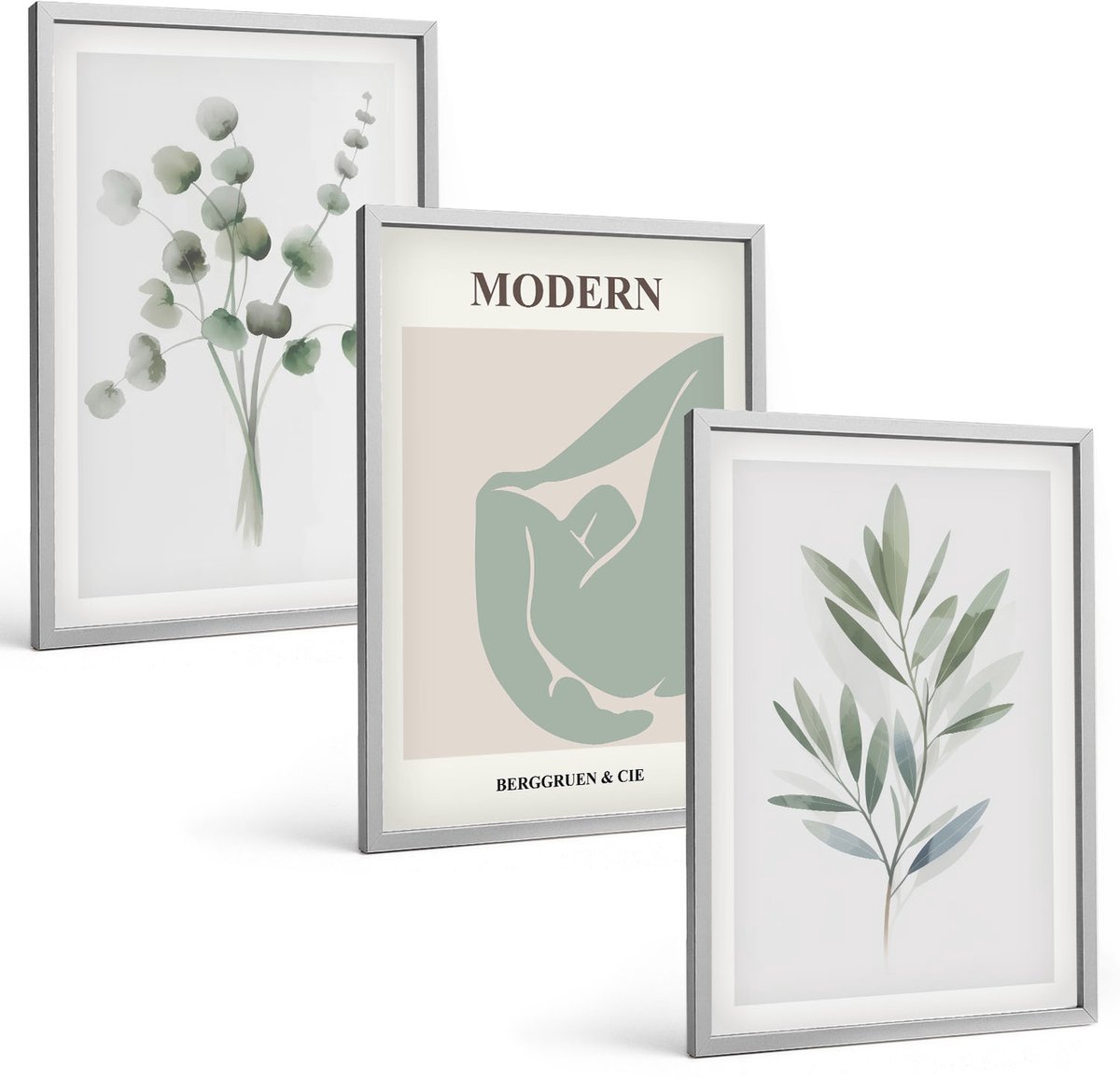 Coloray 3-Delige Schilderij Set - Plantmotieven In Delicate Groene Tinten - 40 x 60 cm - Stijlvolle Wanddecoratie - Interieur - Woonkamer Decoratie