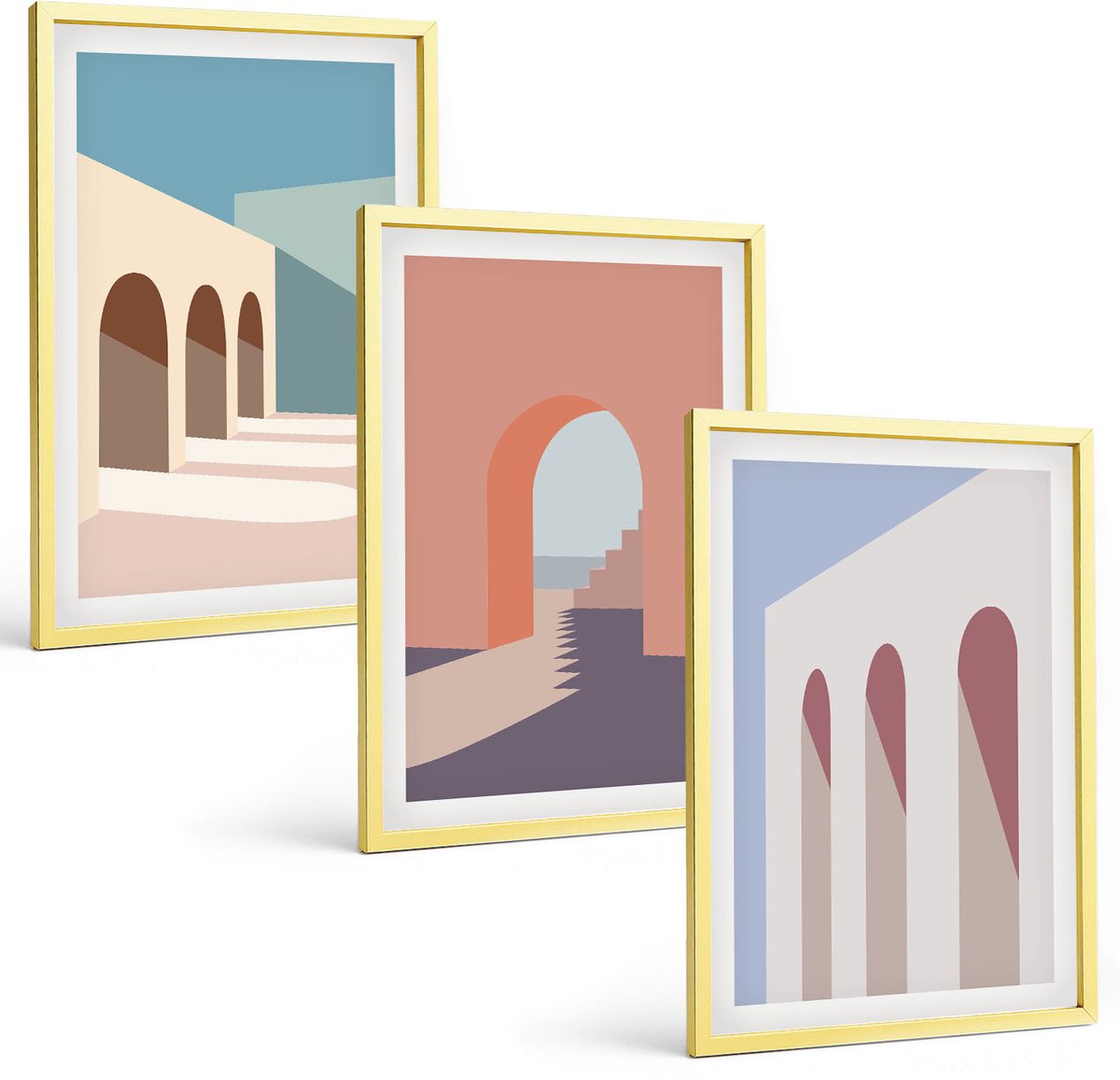 Coloray 3-Delige Schilderij Set - Pastel Minimalistische Stedelijke Architectuurafbeeldingen - 40 x 40 cm En 40 x 60 cm - Stijlvolle Muurdecoratie - Slaapkamer