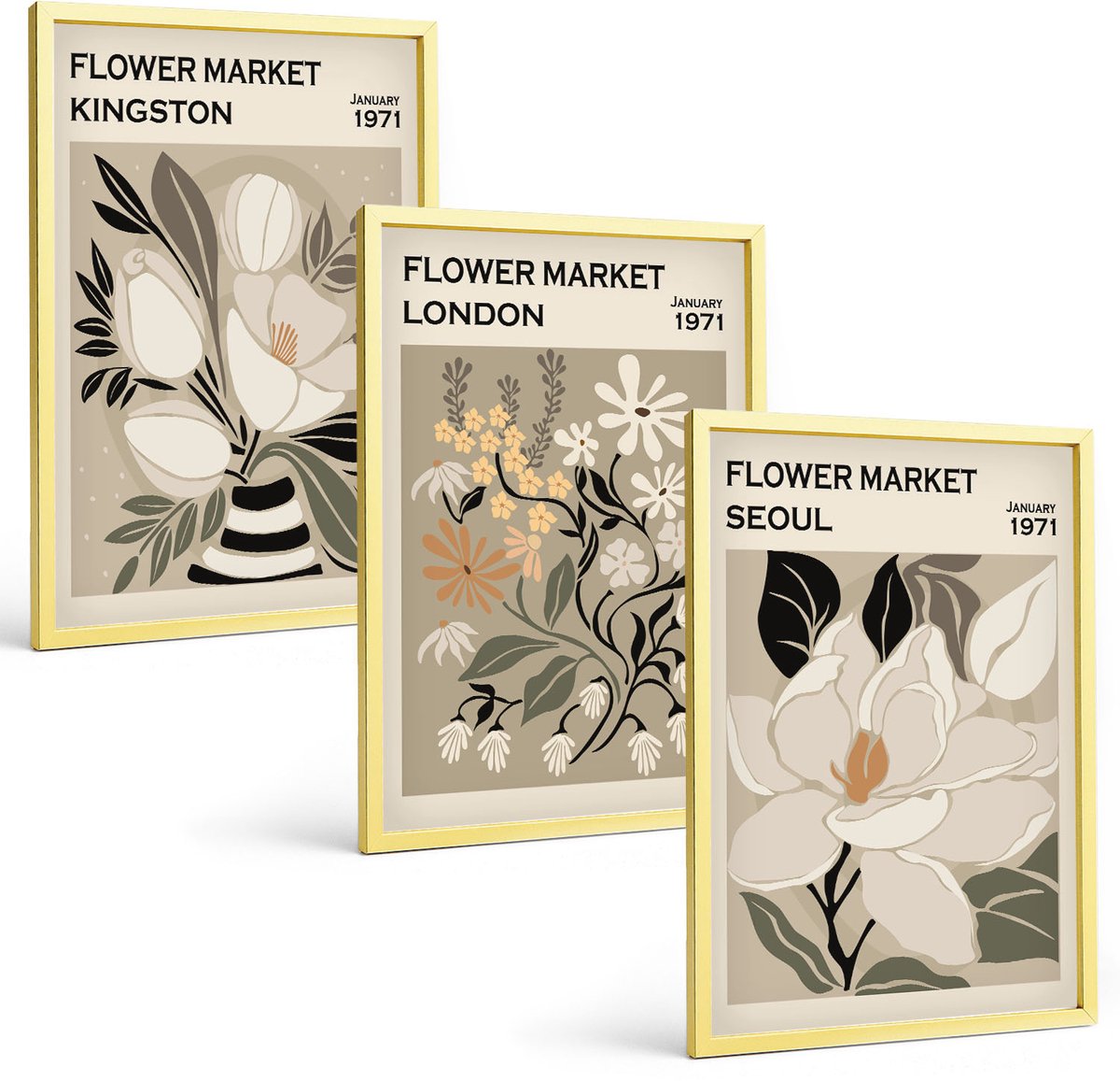 Coloray 3-Delige Schilderij Set - Retro Bloemen Uit Verschillende Steden Over De Hele Wereld - 40 x 40 cm En 40 x 60 cm - Stijlvolle Wanddecoratie - Interieur - Decoratieve Schilderijen