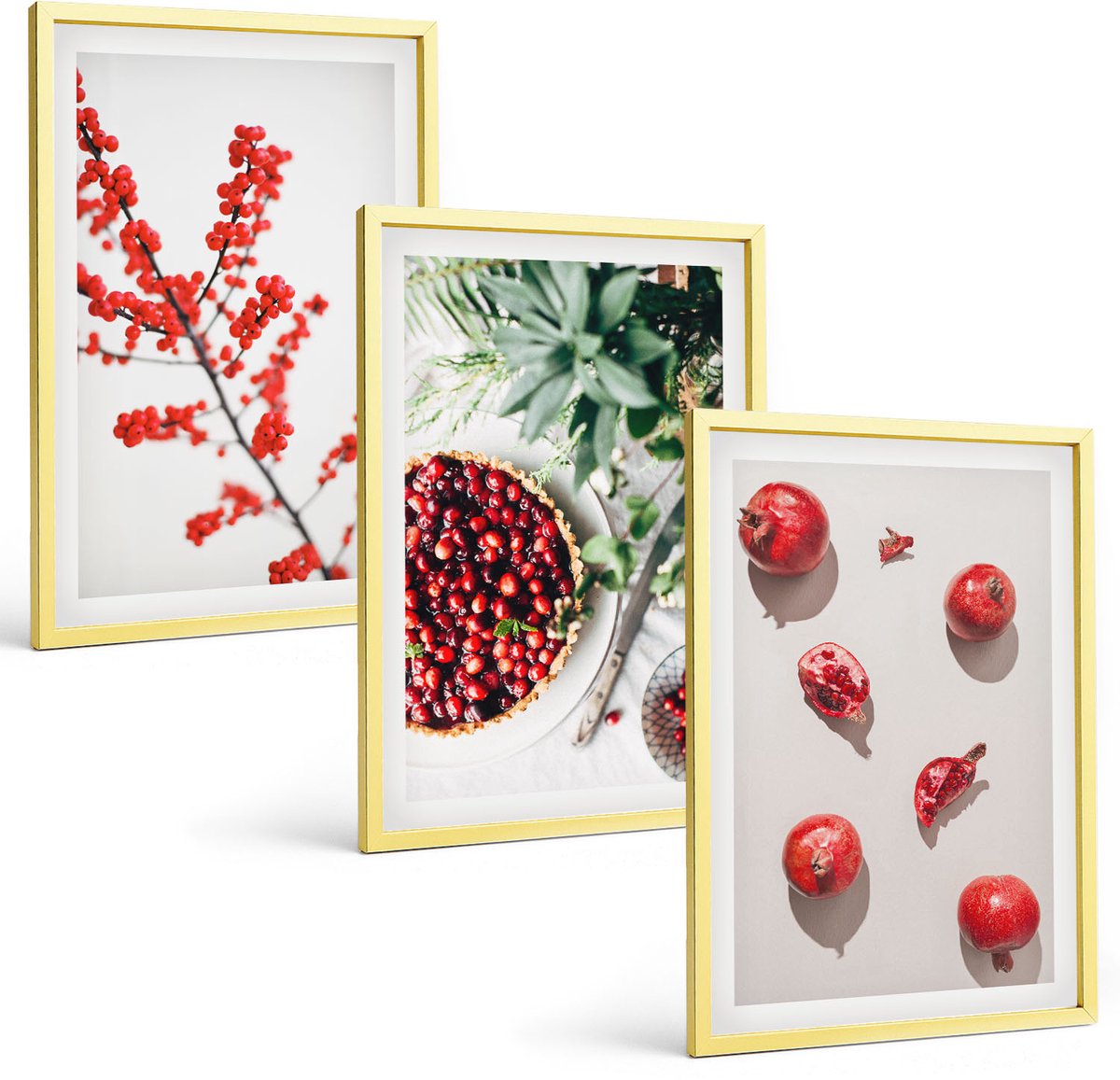 Coloray 3-Delige Schilderij Set - Rode Vruchten En Planten In Een Minimalistische Stijl - 40 x 40 cm En 40 x 60 cm - Wanddecoratie - Schilderijen Set - Kantoor - Stijlvolle Muurdecoratie