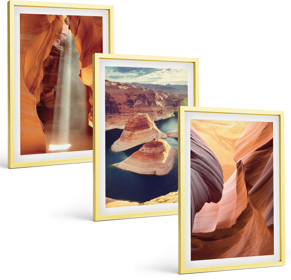 Coloray 3-Delige Schilderij Set - Schilderachtige Berglandschappen Met Een Waterval En Een Pad. - 40 x 40 cm En 40 x 60 cm - Muurdecoratie - Decoratieve Schilderijen - Wohnzimmer