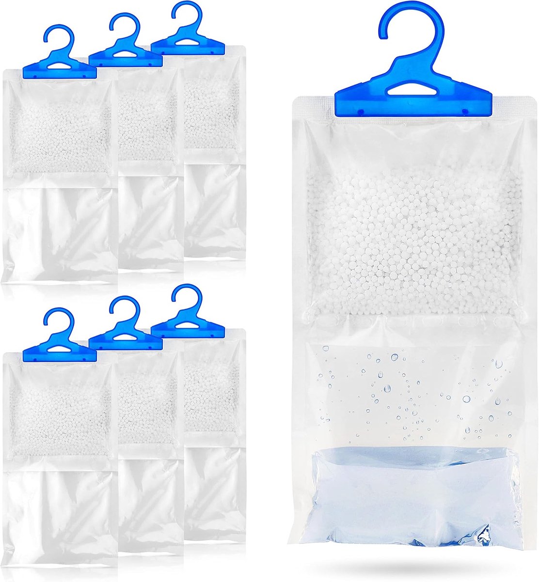 Luchtontvochtiger in zakken om op te hangen, tegen vocht, schimmel, meeldauw, condenswater, set van 6 van elk 250 g. Voor gebruik in kledingkast, huis, keuken, garage, slaapkamer, caravan, kantoor