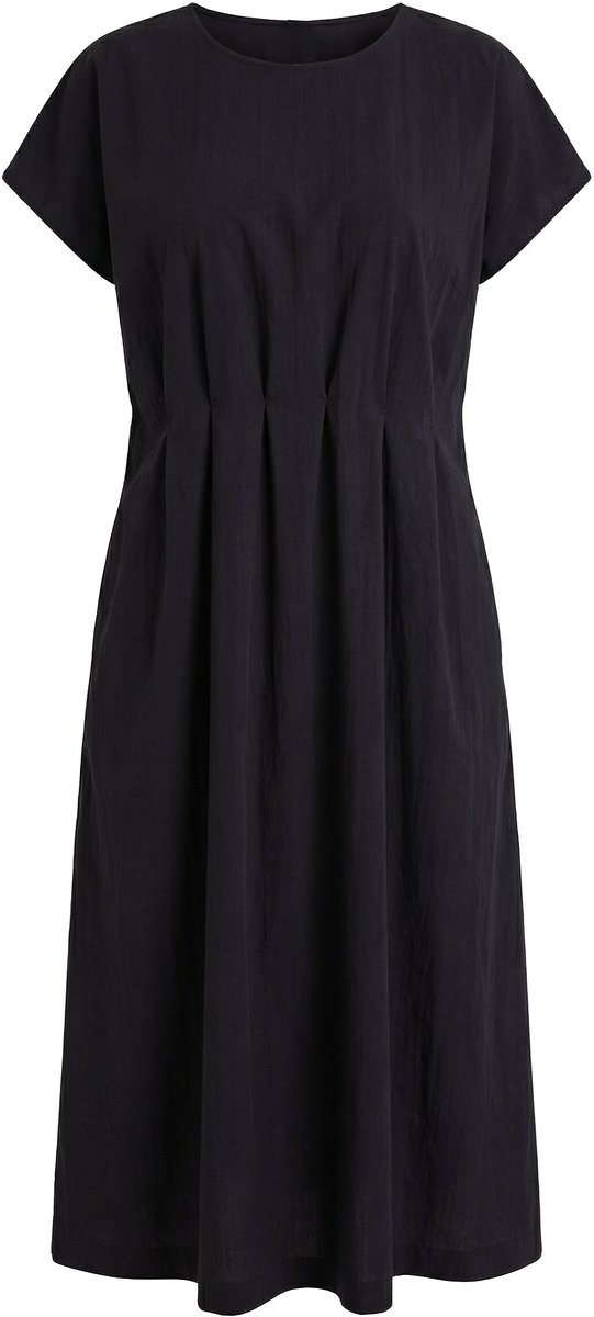 Ulla Popken - Dames - Maxi-jurk decoratieve plooitjes getailleerd ronde hals - Zwart - Maat 42+