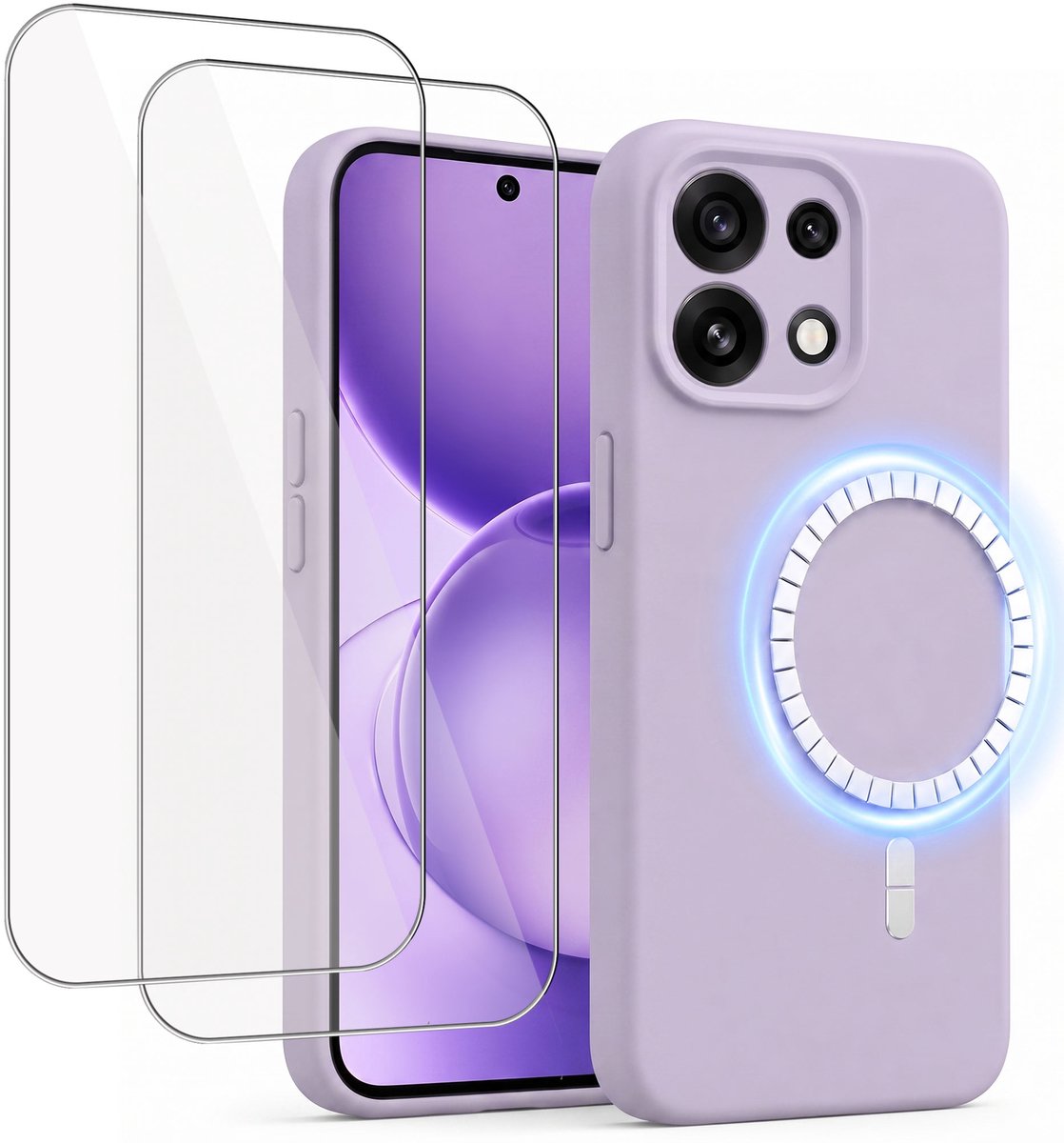 Hoesje + 2x Screenprotector geschikt voor Oppo Reno 16 Pro - Hoesje geschikt voor Magsafe - Draadloos opladen - Gehard Glas - Lila